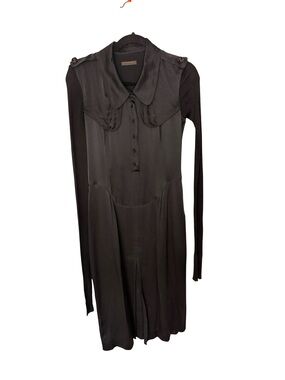 Burberry Black Silk Blend Long Sleeve Peter Pan Collar Designer Black Dress XS